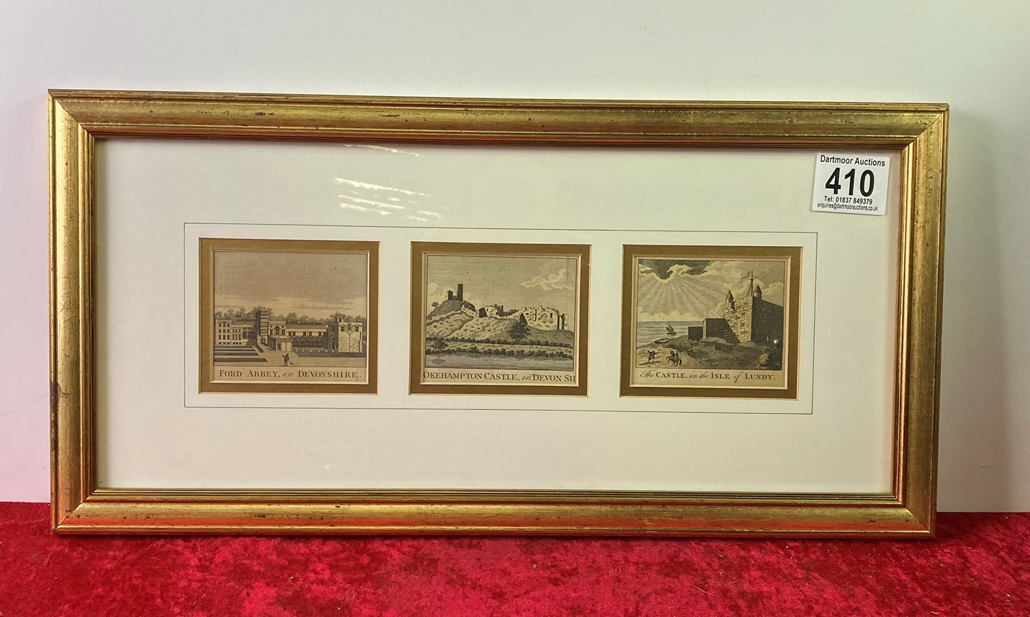 Gilt frame containing 3 antique engravings; Forde Abbey, Okehampton ...