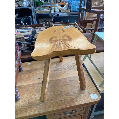 638 - Rustic carved wooden stool with a carved Nun design