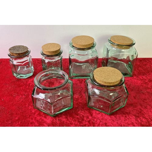 780 - Six good heavy glass storage jars, five with with cork lids