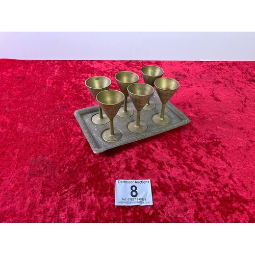 8 - Brass Tray with 6 Liquor Goblets