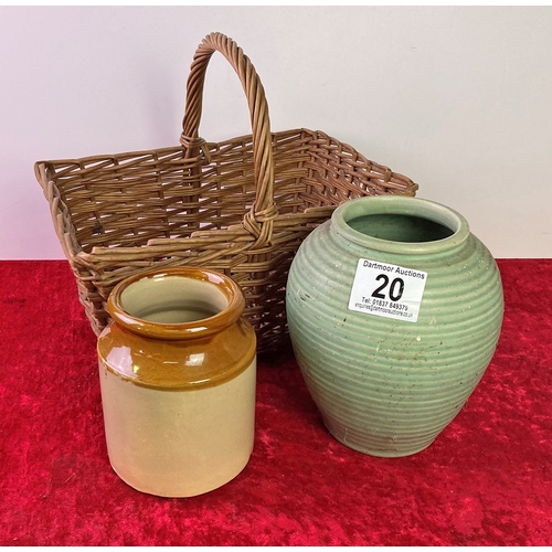 20 - A wicker basket containing a vase and a stoneware pot