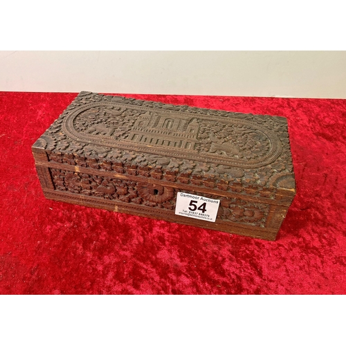 54 - Carved wooden box with temple and elephant detail 31 x 9.5 x 15.5 cm