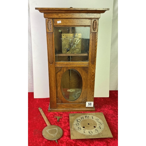 59 - Large wooden cased clock with brass face & movement (A/F) 66 x 30 x 18