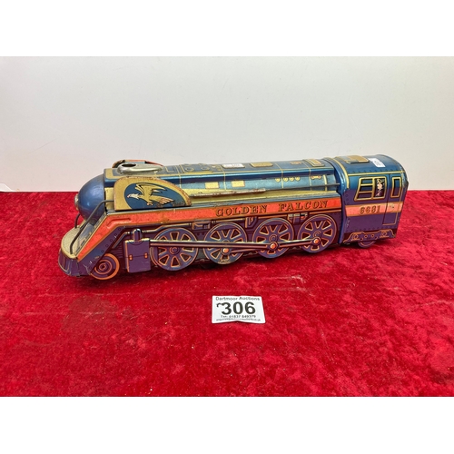 306 - Battery operated tinplate train toy - 40 cm long and tin plate money box