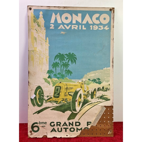 657 - original poster Monaco 2nd Avril 1934 mounted on hardboard. A/F . Ripped badly on bottom right corne... 