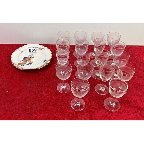 659 - Three pretty tea plates and a lovely selection of 18 mixed sherry/liqueur glasses all etched in a ve... 