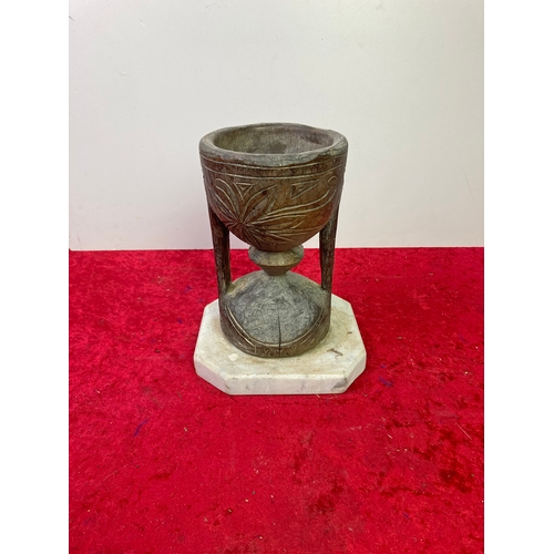 320A - Carved wood native vase on marble base