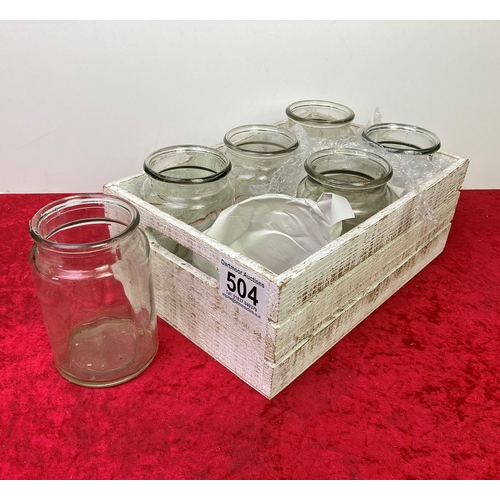 504 - A white wooden box with 6 vintage jar vases