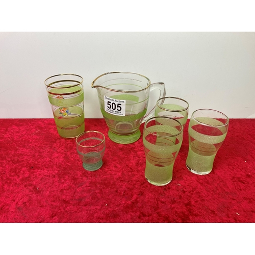 505 - Gorgeous green vintage glass water jug and cordial glasses