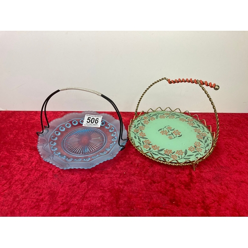 506 - 2 vintage glass cake carriers with an unusual summer blue and patterned