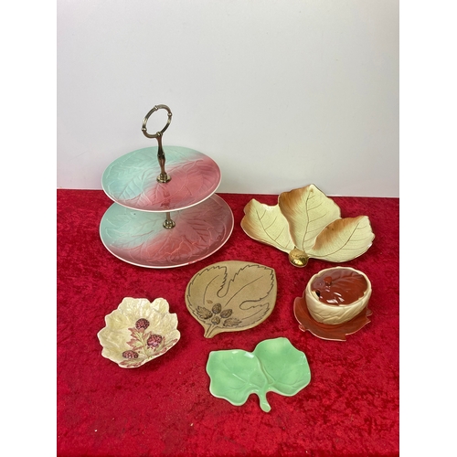 763 - A collection of 'leaf' ceramic plates and a cake stand inc Carltonware, Brentleighware, Royal Winton... 