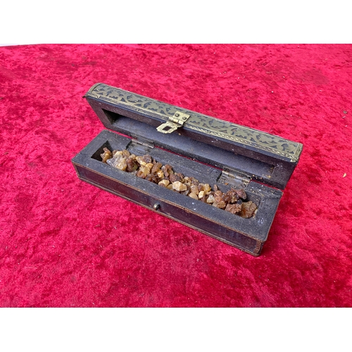 804 - A small brass chest labelled and containing Frankincense and Myrrh