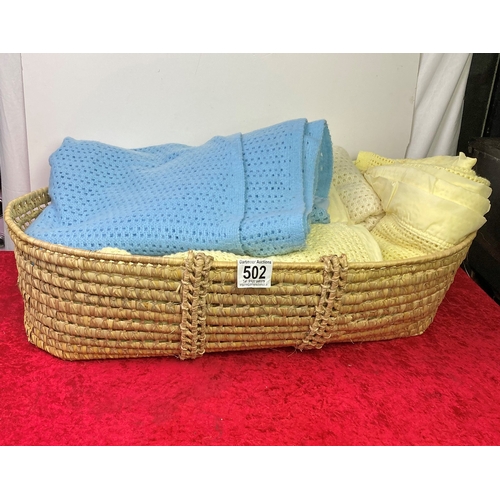 502 - Moses basket of Whitendown wool mix 'Honeycomb' blankets