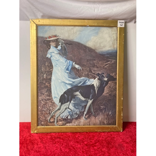 400W - Good colour picture of a lady leading two greyhounds in a moorland landscape in old gilt frame, 25 x... 