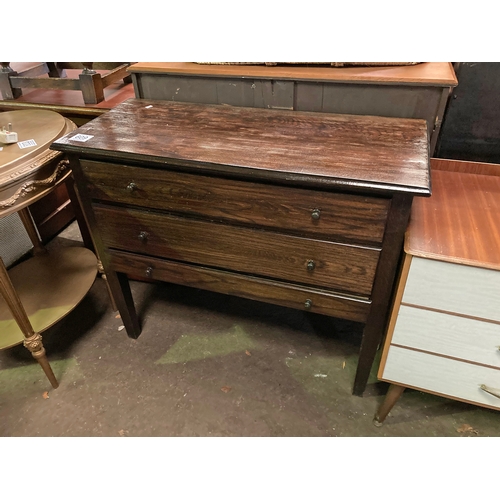 609 - Dark wood Chest of drawers two drawers and one shallow bottom drawer, approx 3 feet wide by 28