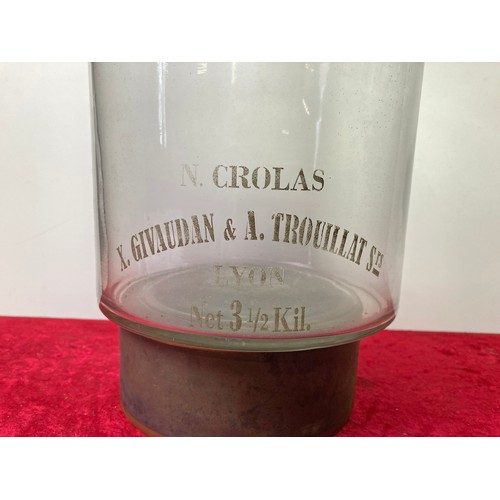 200E - Genuine aged French pharmacy jar with French label and metal top fastener.  labelled 