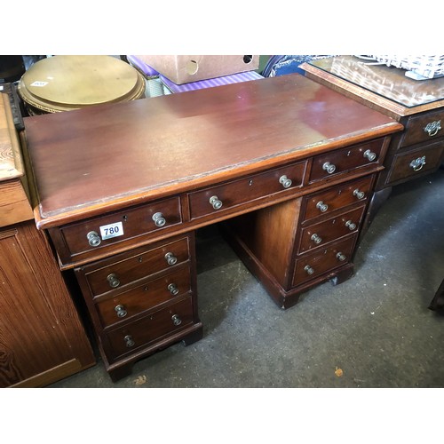 780 - Good quality antique desk with brass fittings, top requires restoration