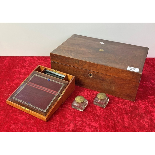 25 - A locked wooden box along with a miniature writing slope and two sweet glass ink wells. Large box ha... 