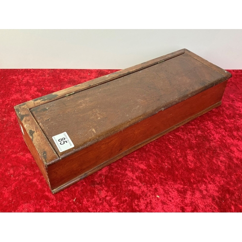 85 - Long wooden box with hinged lid and three compartments - approx 38 x 17 x 9 am