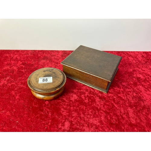 88 - A wooden cigar box, along with a circular wooden box with carved detail and mirror in lid