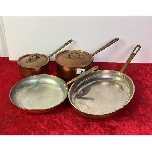 300 - Four copper pans - 2 with lids