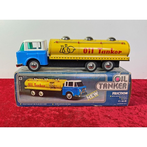 423 - Vintage boxed friction powered tin plate model oil tanker