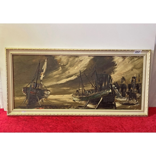 454 - Oil painting depicting sailing boats/trawlers drying out, frame approx67cm x 36cm