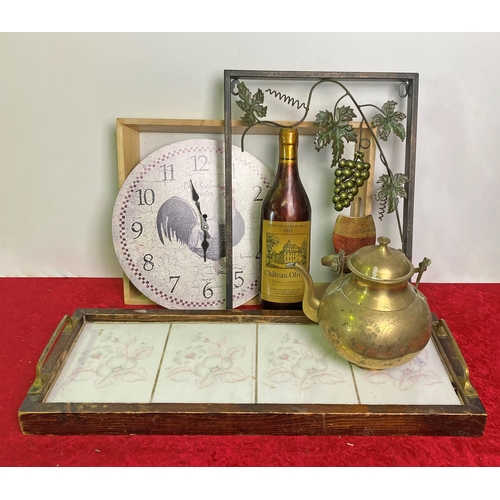 740 - A mixed box of trays, brass kettle A/F and wine related wall art