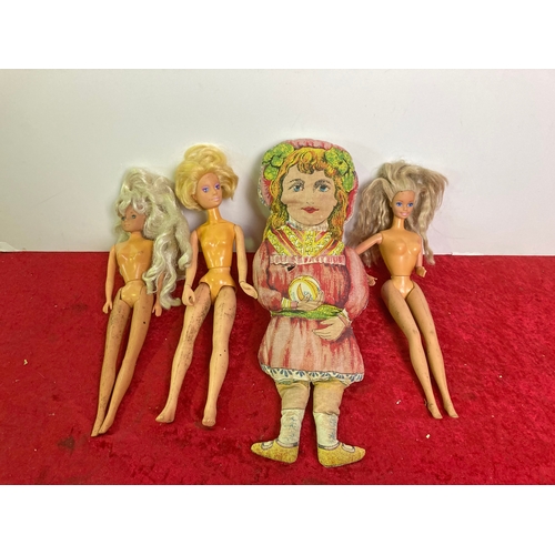 743 - 3 Hasbro dolls and 1 x stuffed material doll (material doll at least 100 years old)