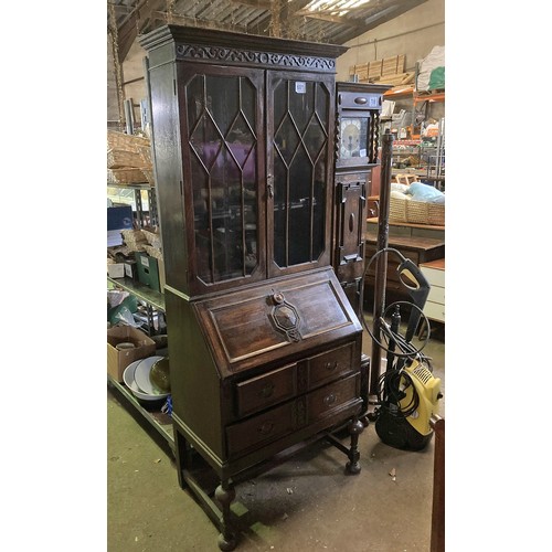 1392 - A nice brown wood  bureau and glass shelf cabinet with glazed double doors. Measures 195 x 75 cms ap... 