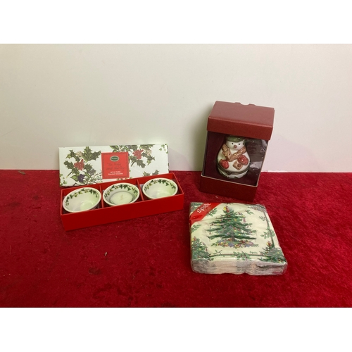 1202 - Selection of Christmas tealights boxed, napkins and Villeroy and Boch China snowman