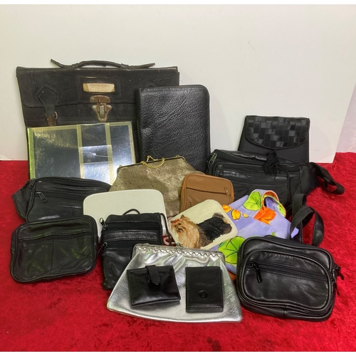 1207 - Collection of assorted bags and purses, including and old vintage satchel.