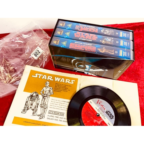 802 - Star Wars VHS Box set along with a Star Wars 45 rpm vintage record