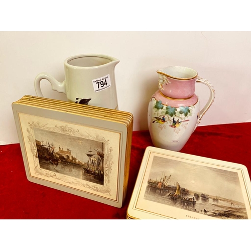 794 - 2 sets of vintage placemats and 2 jugs decorated with birds