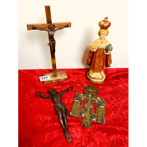 777 - Church themed ornaments including a wooden crucifix and a bronze figurine of Jesus with a brass plaq... 