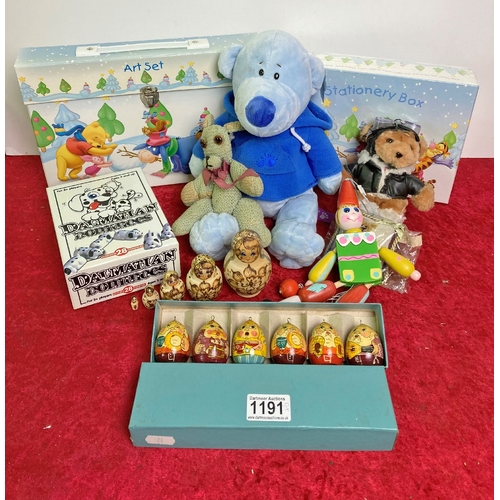 1191 - Mixed collection of childrens soft toys and painted egg decorations. dalmation dominos, and Winnie t... 