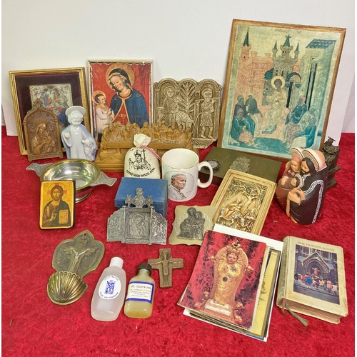 1192 - Mixed collection of religious wall plaques, brass items, Childrens prayer book, paperweight and wood... 