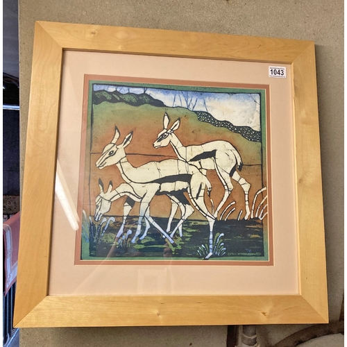 1043 - Colour screen print on fabric of three deer  in good pine frame, 23 x 23”