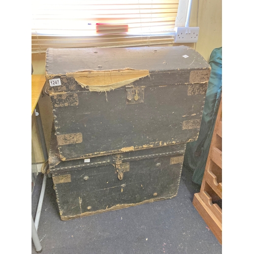 1247 - Two wooden trunks  - one with material covering and domed, one flat