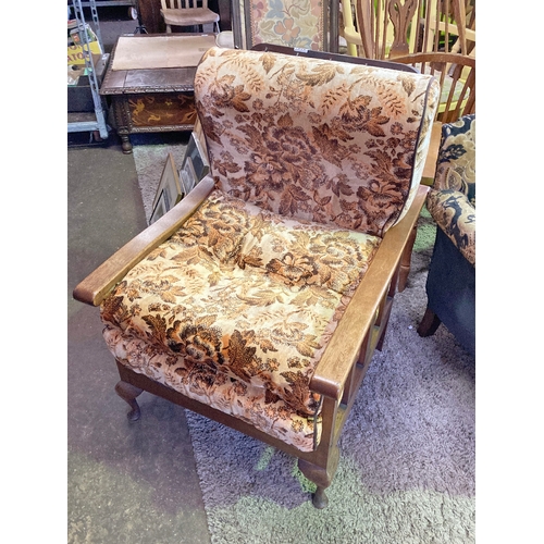 1358 - Unusual single retro arm chair with adjustable back in burgandy fabric.