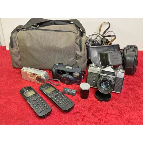 1224 - Photography gear - Sony Cybershot camera, Zenit, and Pentax ESPIO 115 in corniche bag, two Panasonic... 