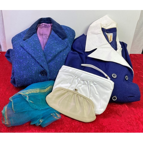 1220G - A selection of vintage clothing. A blue suit size 14 (shift dress and long jacket with white piping)... 