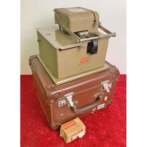 1223 - A lovely vintage, Franking machine in original case, with a stamp of Avon House Hotel, Tourquay.