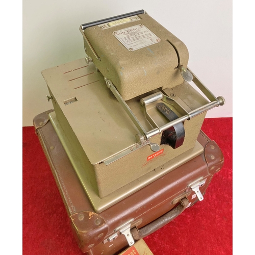 1223 - A lovely vintage, Franking machine in original case, with a stamp of Avon House Hotel, Tourquay.