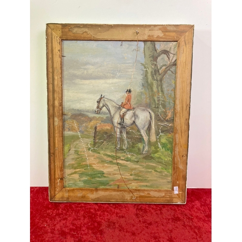 1087 - Oil on reused board depicting a horse by World War I artist Herbert Lake with hunting picture on the... 