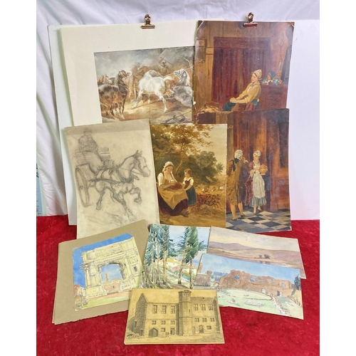 1063 - Folder of 10 unframed pictures including watercolours, drawings etc 
largest 13 x 18”