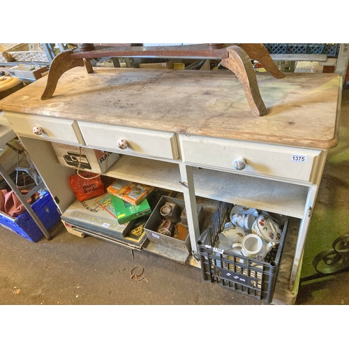 1375 - Pine console table or pot cupboard with 3 drawers and work surface