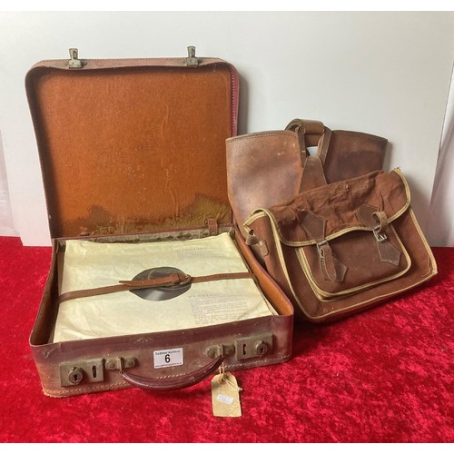 6 - Vintage leather bucket bag along with a small vintage suitcase containing records and satchel