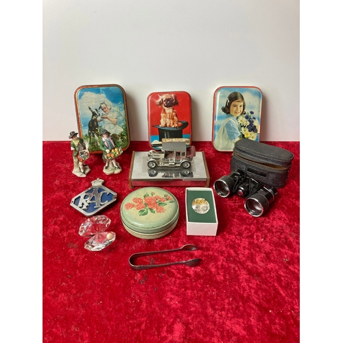 80 - Collectibles including vintage tins, RAC badge, binoculars etc