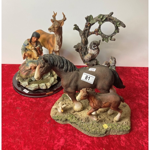 81 - Three large models of horses, American Indian and Owls